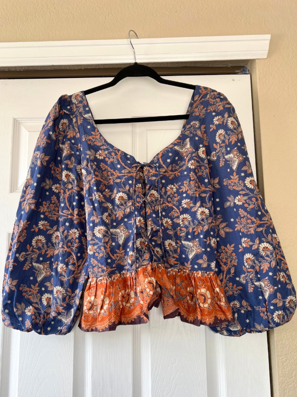 House of Harlow 1960 Nastassia Floral Lace-Up Peasant Blouse Balloon Sleeve M